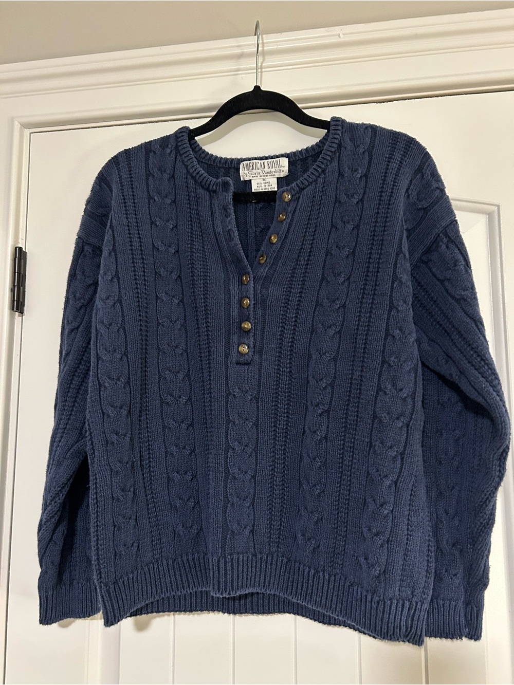 Navy Cable Knit Cotton Button Front Sweater Medium - Picture 2 of 5